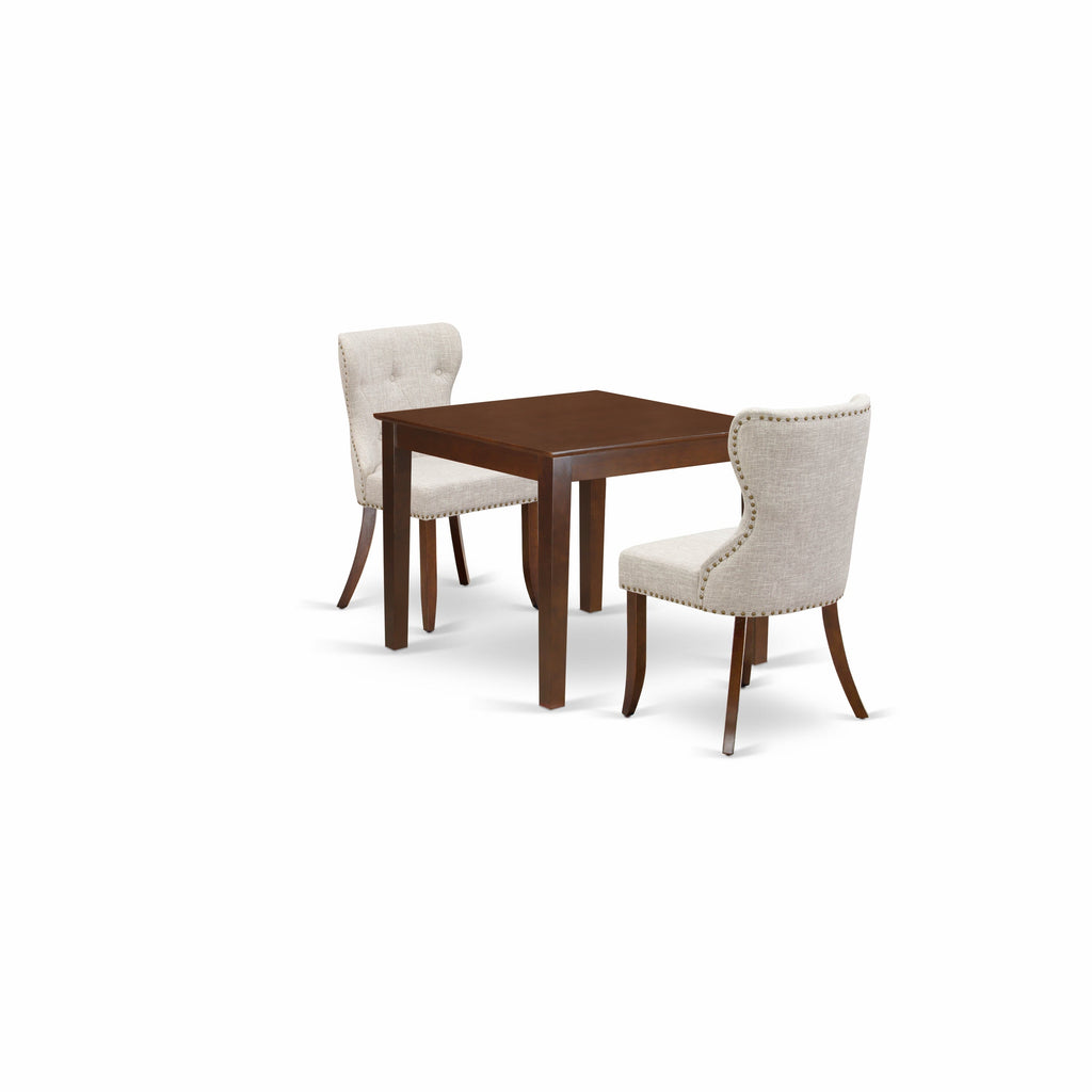 East West Furniture OXSI3-MAH-35 3 Piece Dining Room Furniture Set Contains a Square Dining Table and 2 Doeskin Linen Fabric Upholstered Chairs, 36x36 Inch, Mahogany