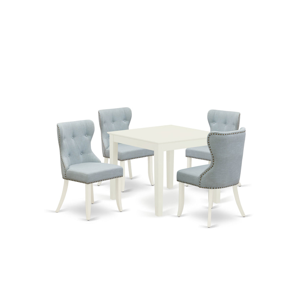 East West Furniture OXSI5-LWH-15 5 Piece Dining Table Set for 4 Includes a Square Kitchen Table and 4 Baby Blue Linen Fabric Upholstered Parson Chairs, 36x36 Inch, Linen White