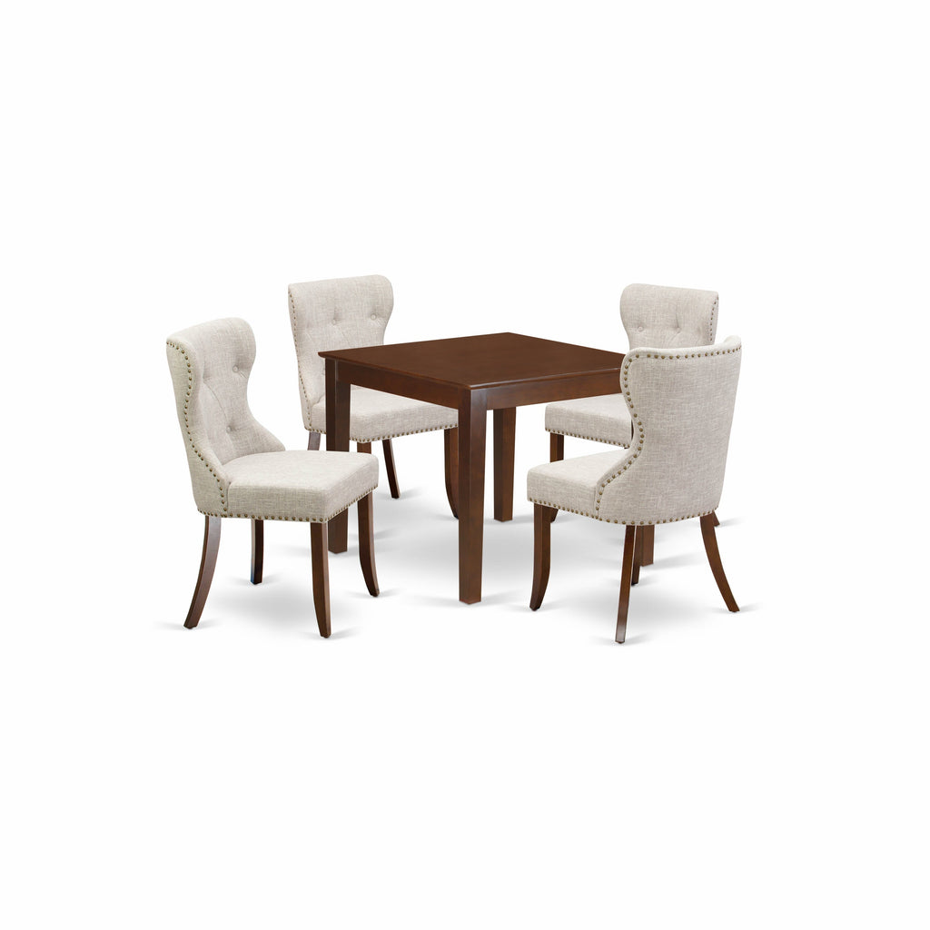 East West Furniture OXSI5-MAH-35 5 Piece Kitchen Table & Chairs Set Includes a Square Dining Room Table and 4 Doeskin Linen Fabric Parson Dining Chairs, 36x36 Inch, Mahogany