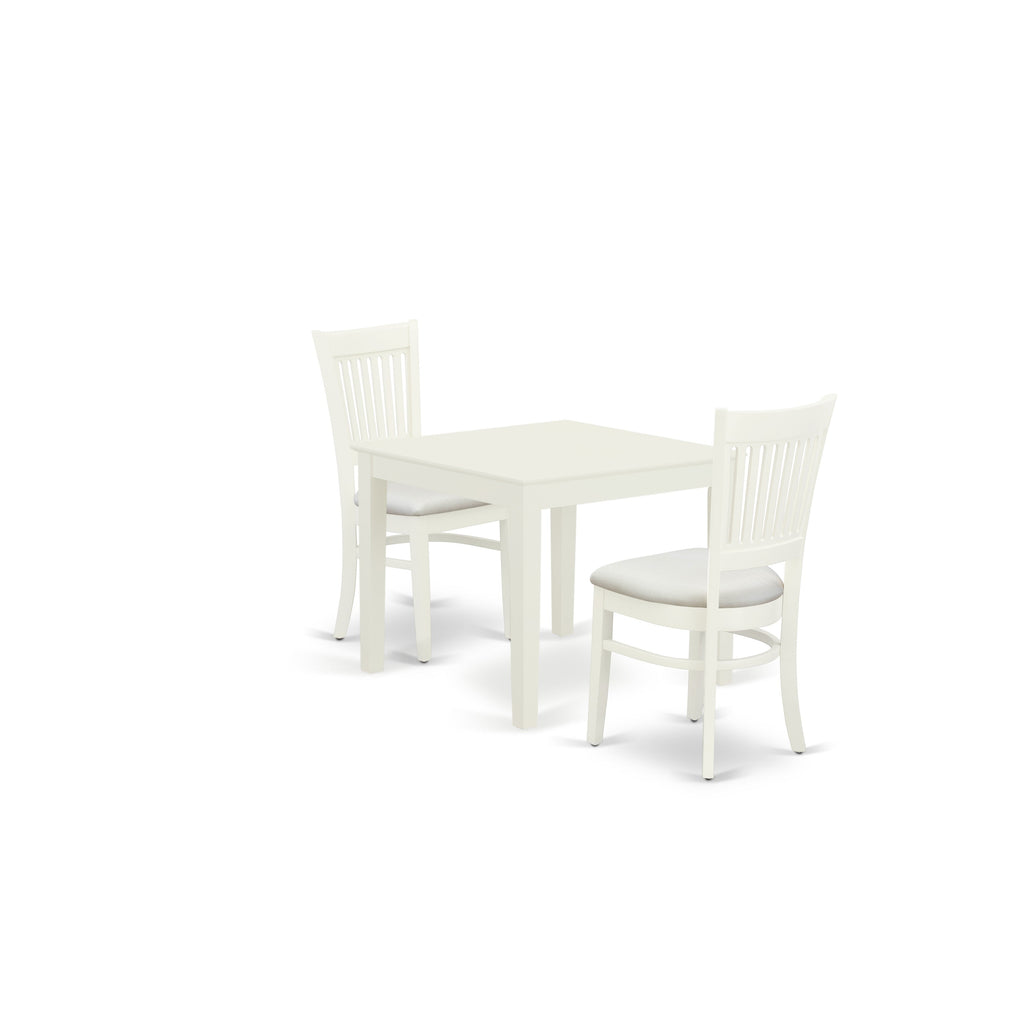 East West Furniture OXVA3-LWH-C 3 Piece Dining Room Furniture Set Contains a Square Kitchen Table and 2 Linen Fabric Upholstered Dining Chairs, 36x36 Inch, Linen White