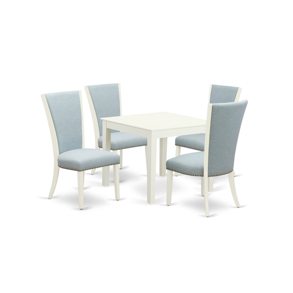 East West Furniture OXVE5-LWH-15 5 Piece Kitchen Table Set for 4 Includes a Square Dining Room Table and 4 Baby Blue Linen Fabric Parson Dining Chairs, 36x36 Inch, Linen White
