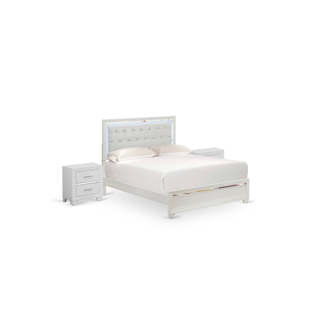 East West Furniture PA05-Q2N000 Pandora 3-Piece Bedroom Set with a Queen Size Bed 2 Wooden Modern Nightstand - White Finish