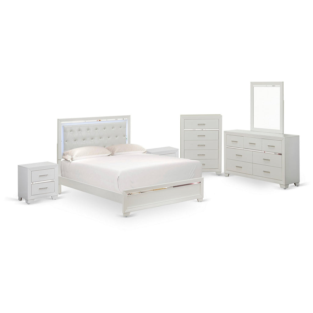 East West Furniture PA05-Q2NDMC Pandora  6-Piece Bedroom Set with a Modern Queen Bed 2 Small Nightstands, Dresser Wood, Mirror and Chester Drawers - White Finish