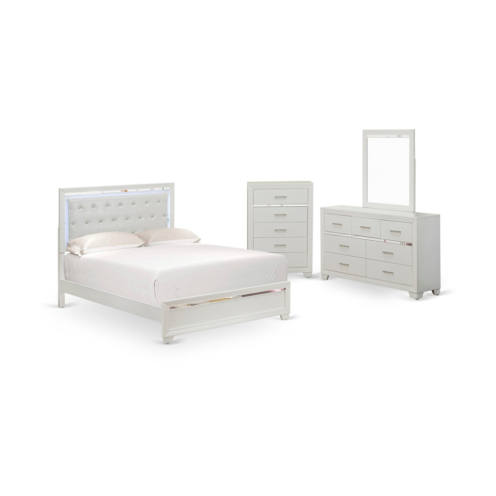 East West Furniture PA05-QDMC00 Pandora 4-Piece Wooden Bedroom Set with a Queen Bed Frame, Wood Dresser, Small Mirror and Wood Chest - White Finish
