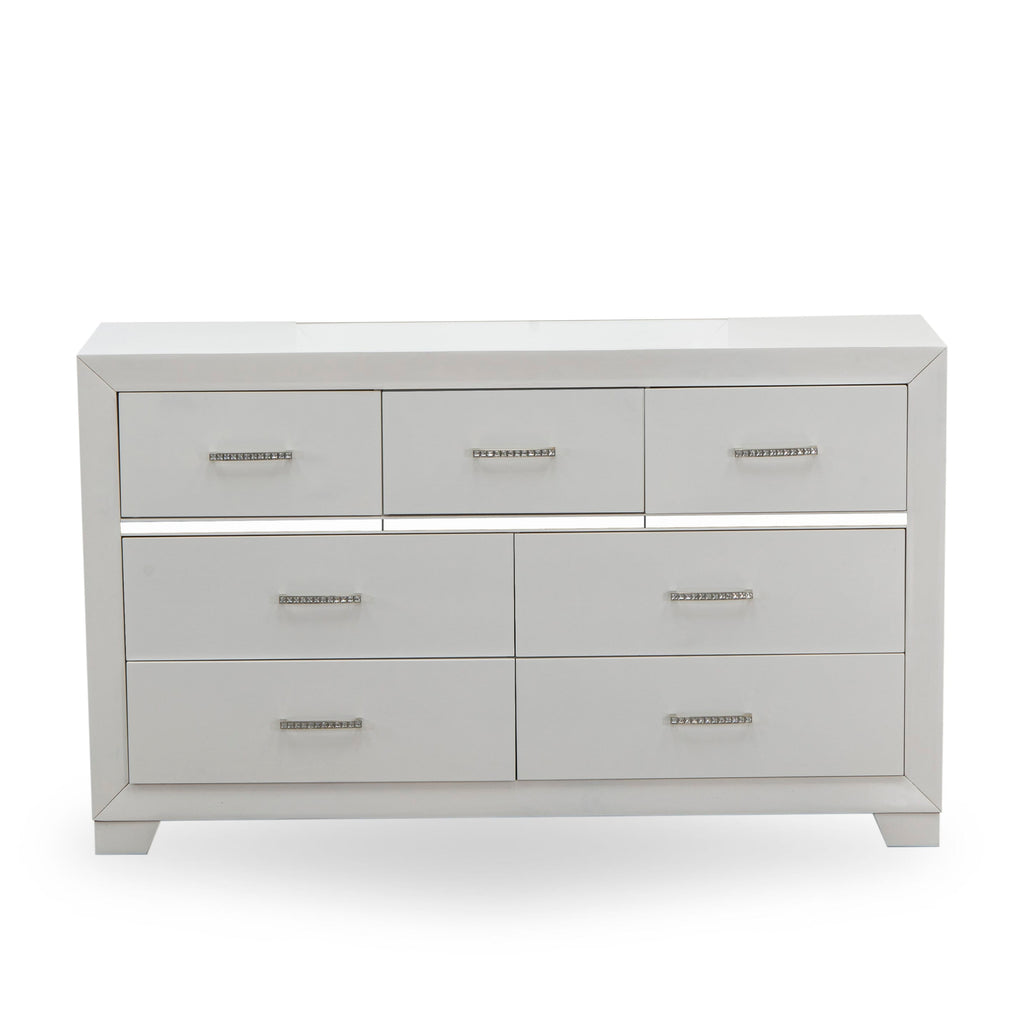 East West Furniture PA05-Q1NDMC Pandora 5-Piece Bedroom Set With a Queen Size Bed 1 Wooden Nightstand, Mid Century Modern Dresser, Small Mirror and Chest Drawer - White Finish