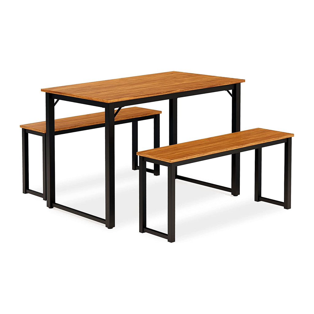 East West Furniture PADSB01 3 Piece Metal Frame Dining Set for Small Spaces Contains a Rectangle Table and 2 Benches, 43x28x30 Inch, Powder Coating Black Top and Brown Wood Laminate Frame