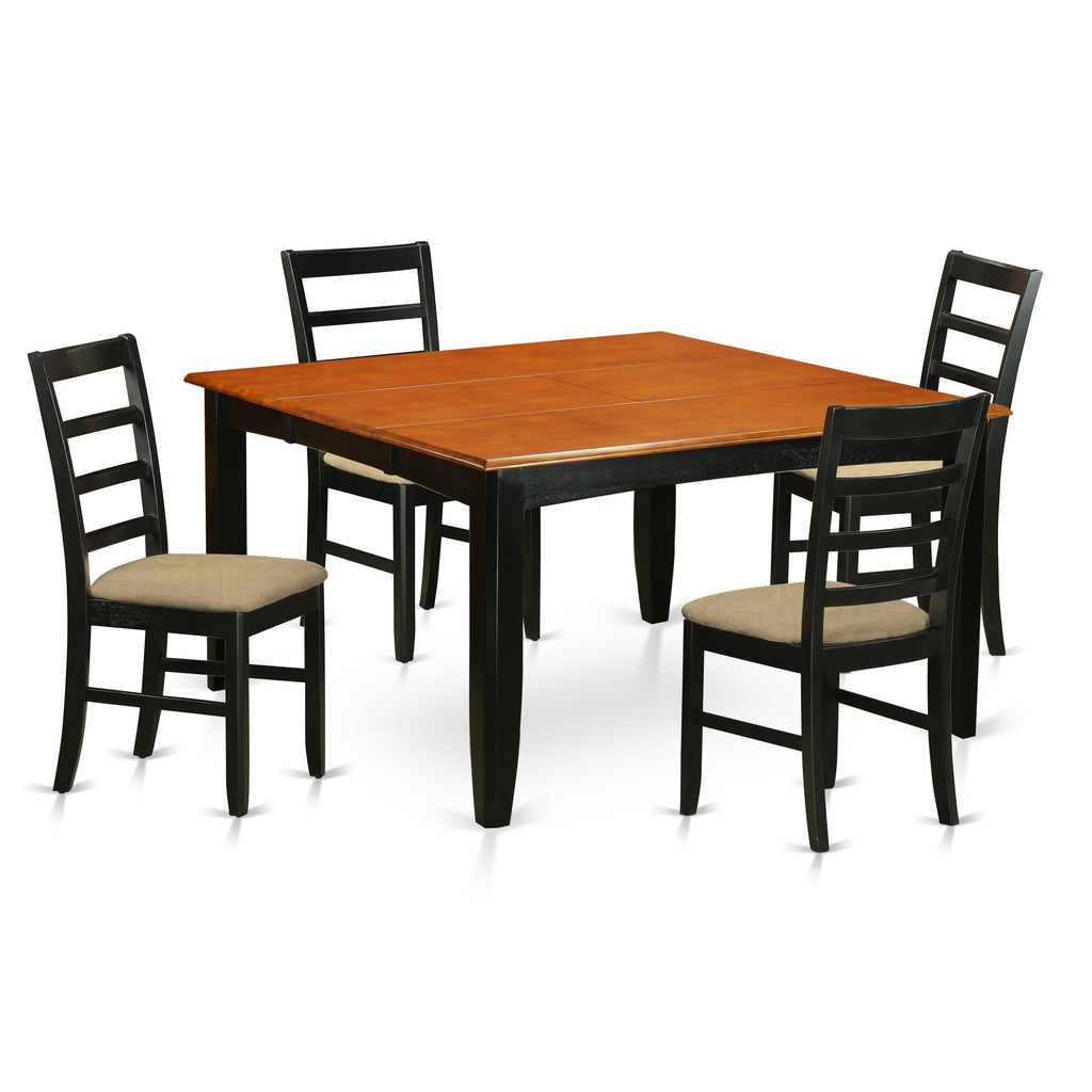 East West Furniture PARF5-BLK-C 5 Piece Dining Set Includes a Square Dining Table with Butterfly Leaf and 4 Linen Fabric Kitchen Room Chairs, 54x54 Inch, Black & Cherry