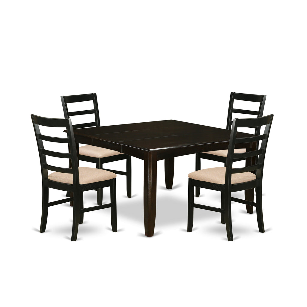 East West Furniture PARF5-CAP-C 5 Piece Dining Table Set for 4 Includes a Square Kitchen Table with Butterfly Leaf and 4 Linen Fabric Kitchen Dining Chairs, 54x54 Inch, Cappuccino