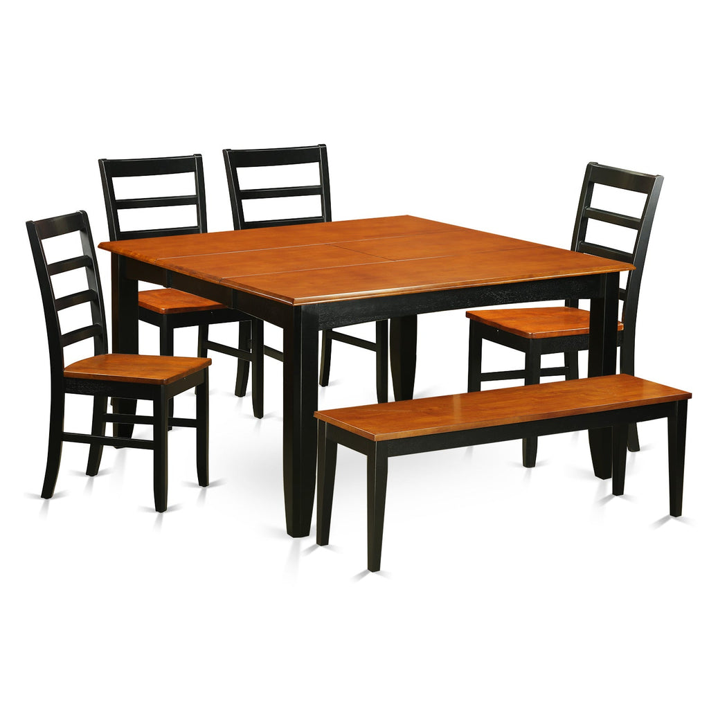East West Furniture PARF6-BCH-W 6 Piece Dining Table Set Contains a Square Wooden Table with Butterfly Leaf and 4 Dining Room Chairs with a Bench, 54x54 Inch, Black & Cherry