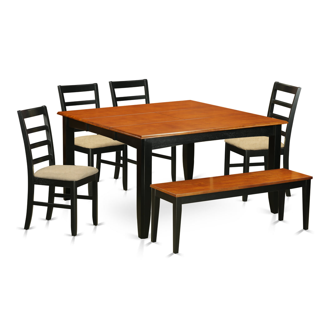 East West Furniture PARF6-BLK-C 6 Piece Dining Table Set Contains a Square Dining Room Table with Butterfly Leaf and 4 Linen Fabric Upholstered Chairs with a Bench, 54x54 Inch, Black