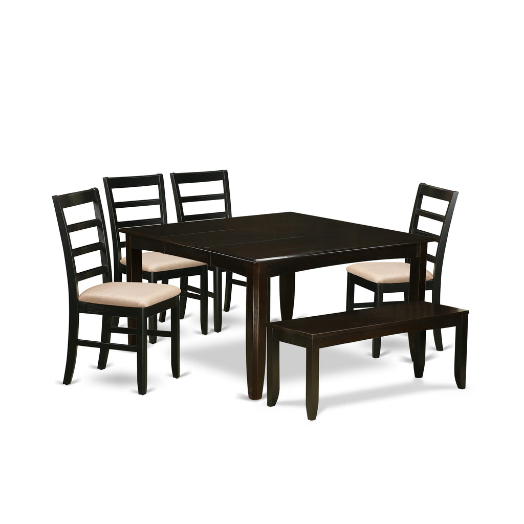 East West Furniture PARF6-CAP-C 6 Piece Dining Table Set Contains a Square Dinner Table with Butterfly Leaf and 4 Linen Fabric Dining Room Chairs with a Bench, 54x54 Inch, Cappuccino