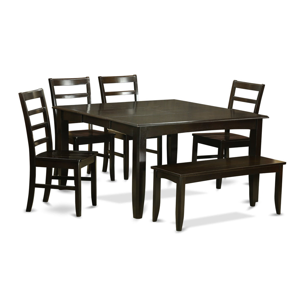 East West Furniture PARF6-CAP-W 6 Piece Dining Room Furniture Set Contains a Square Kitchen Table with Butterfly Leaf and 4 Dining Chairs with a Bench, 54x54 Inch, Cappuccino