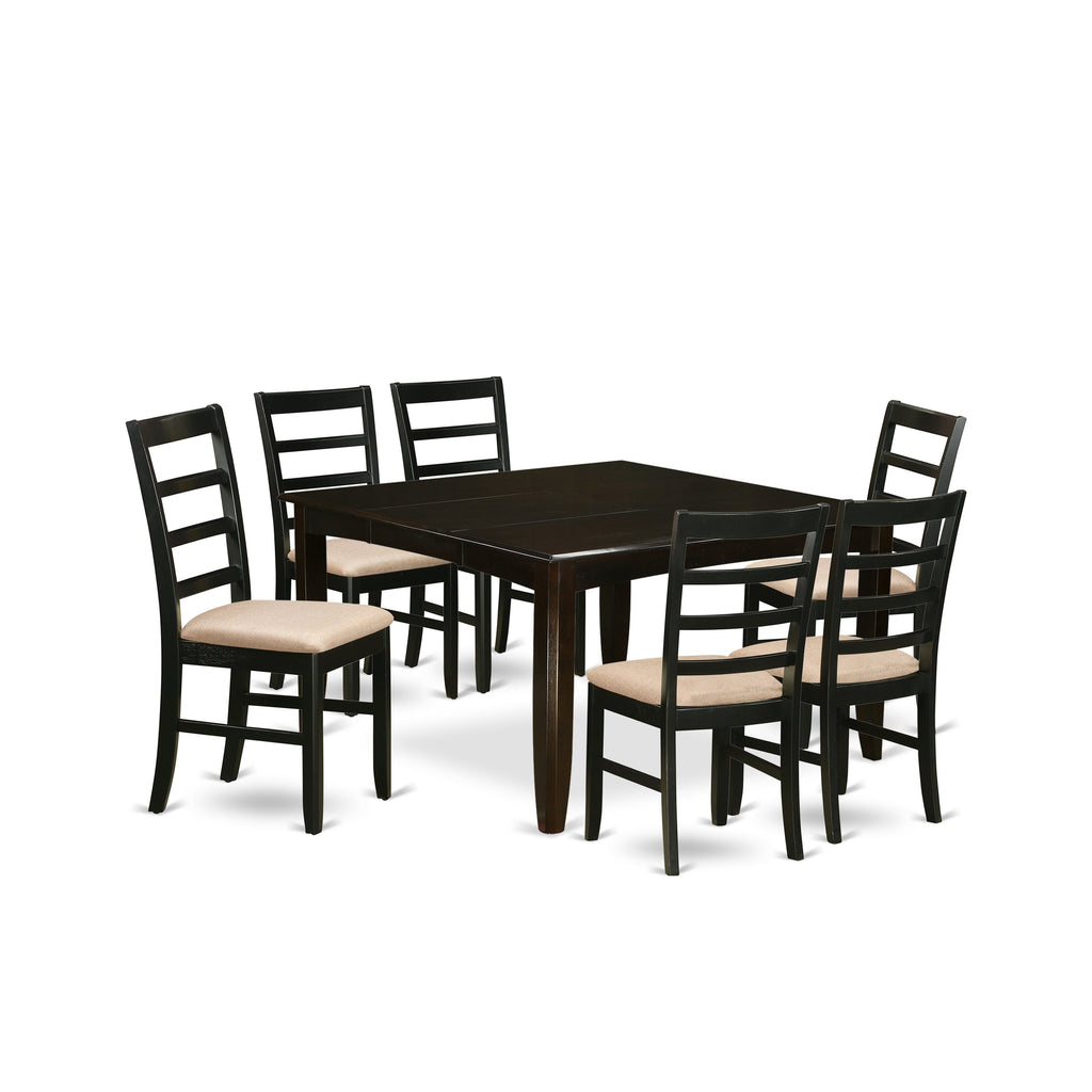 East West Furniture PARF7-CAP-C 7 Piece Modern Dining Table Set Consist of a Square Wooden Table with Butterfly Leaf and 6 Linen Fabric Dining Room Chairs, 54x54 Inch, Cappuccino