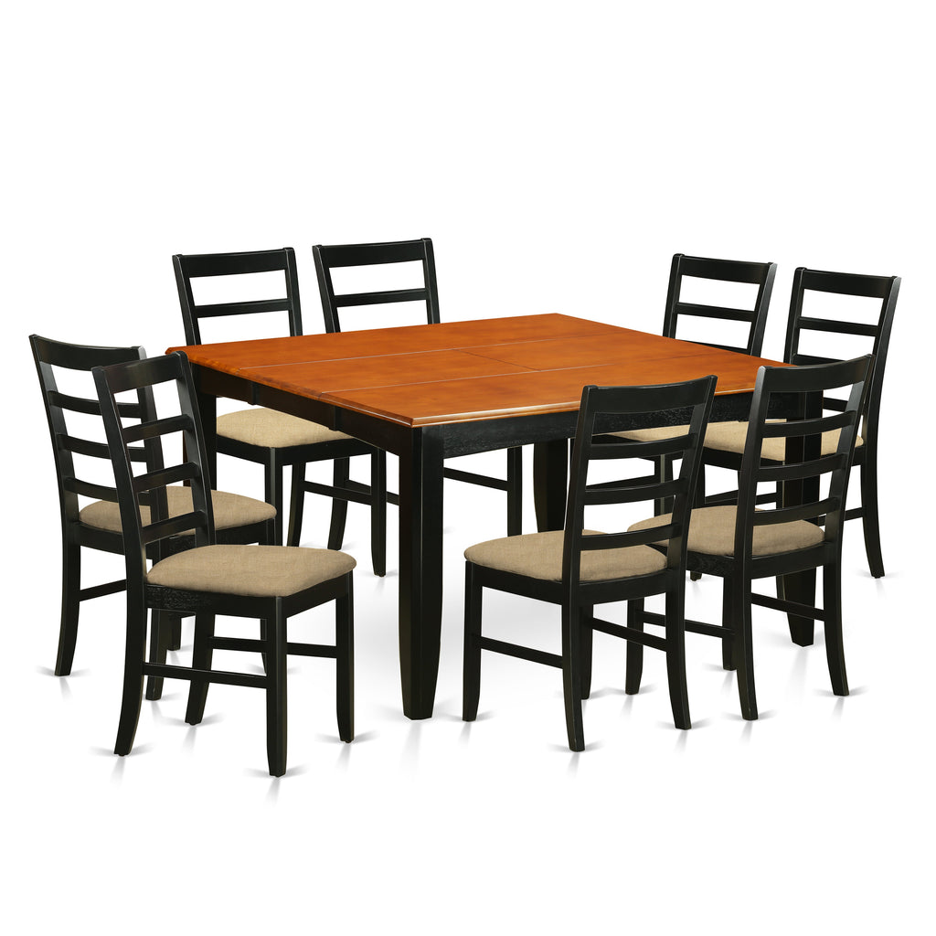 East West Furniture PARF9-BCH-C 9 Piece Dining Table Set Includes a Square Dinner Table with Butterfly Leaf and 8 Linen Fabric Dining Room Chairs, 54x54 Inch, Black & Cherry