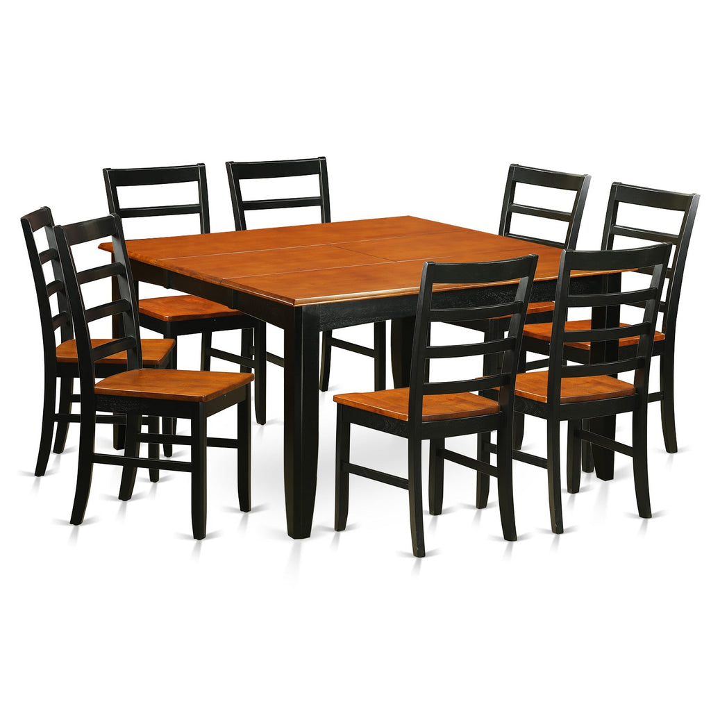 East West Furniture PARF9-BCH-W 9 Piece Modern Dining Table Set Includes a Square Wooden Table with Butterfly Leaf and 8 Dining Room Chairs, 54x54 Inch, Black & Cherry