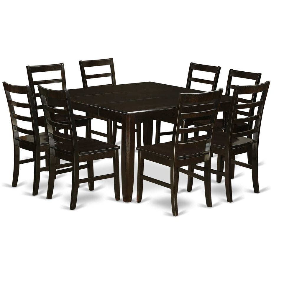 East West Furniture PARF9-CAP-W 9 Piece Modern Dining Table Set Includes a Square Wooden Table with Butterfly Leaf and 8 Kitchen Dining Chairs, 54x54 Inch, Cappuccino