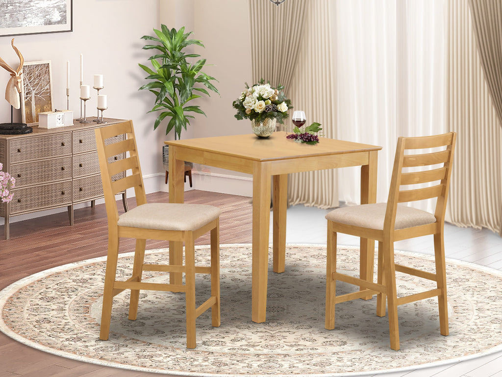 East West Furniture PBCF3-OAK-C 3 Piece Counter Height Pub Set for Small Spaces Contains a Square Kitchen Table and 2 Linen Fabric Dining Room Chairs, 36x36 Inch, Oak