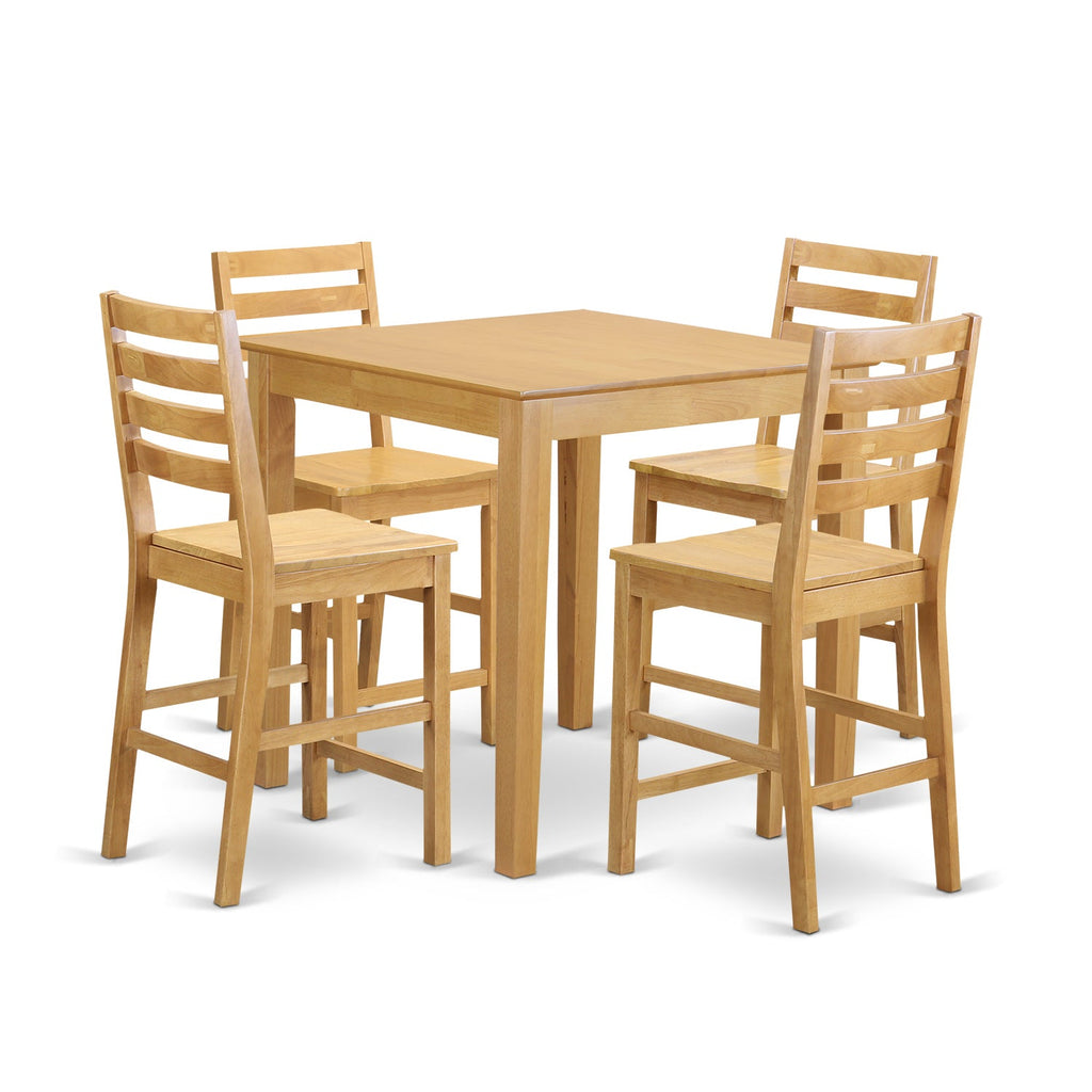 East West Furniture PBCF5-OAK-W 5 Piece Counter Height Pub Set Includes a Square Dining Table and 4 Kitchen Dining Chairs, 36x36 Inch, Oak