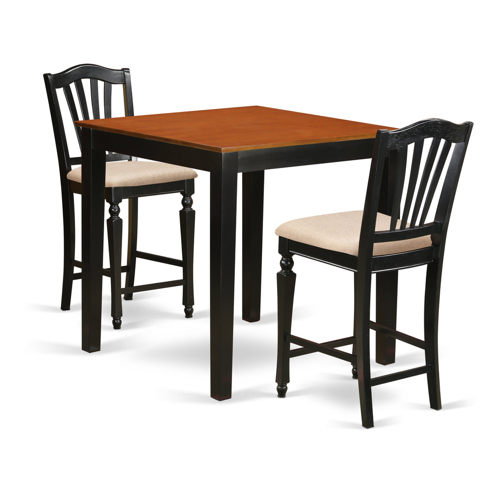 East West Furniture PBCH3-BLK-C 3 Piece Kitchen Counter Height Dining Table Set Contains a Square Dining Room Table and 2 Linen Fabric Upholstered Chairs, 36x36 Inch, Black & Cherry
