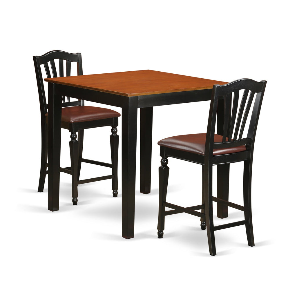 East West Furniture PBCH3-BLK-LC 3 Piece Kitchen Counter Height Dining Table Set Contains a Square Pub Table and 2 Faux Leather Upholstered Chairs, 36x36 Inch, Black & Cherry