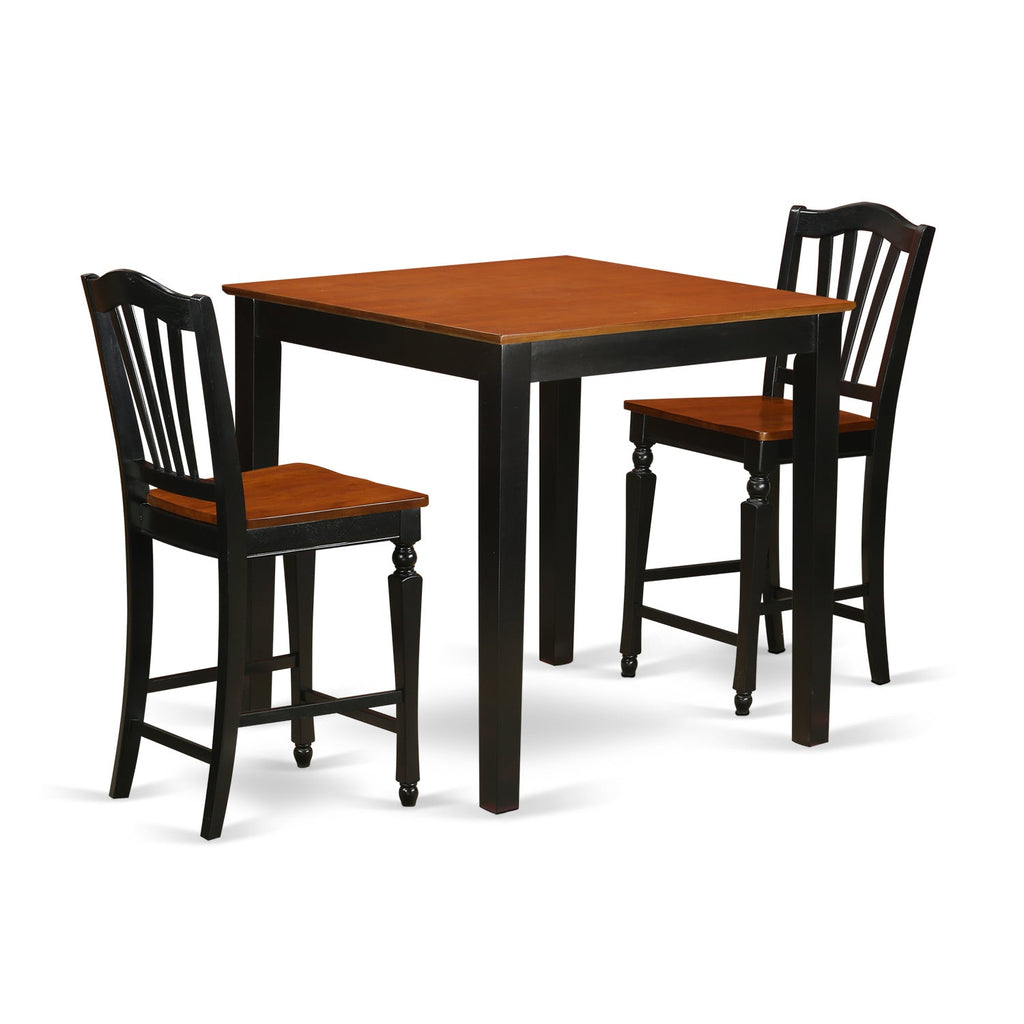 East West Furniture PBCH3-BLK-W 3 Piece Counter Height Pub Set for Small Spaces Contains a Square Kitchen Table and 2 Dining Room Chairs, 36x36 Inch, Black & Cherry