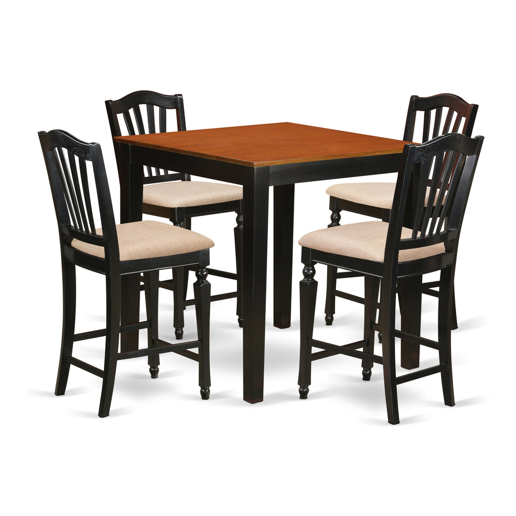 East West Furniture PBCH5-BLK-C 5 Piece Kitchen Counter Set Includes a Square Dining Table and 4 Linen Fabric Dining Room Chairs, 36x36 Inch, Black & Cherry