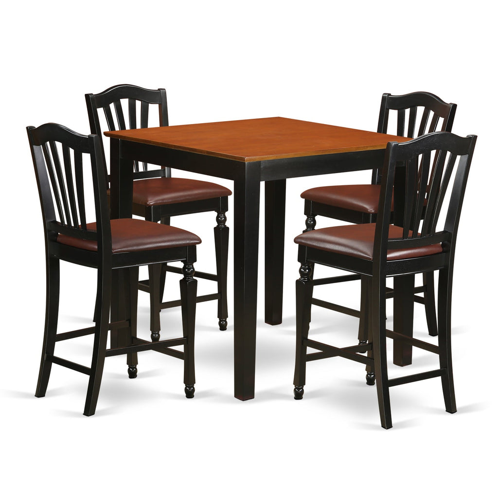 East West Furniture PBCH5-BLK-LC 5 Piece Kitchen Counter Height Dining Table Set Includes a Square Dining Room Table and 4 Faux Leather Upholstered Chairs, 36x36 Inch, Black & Cherry