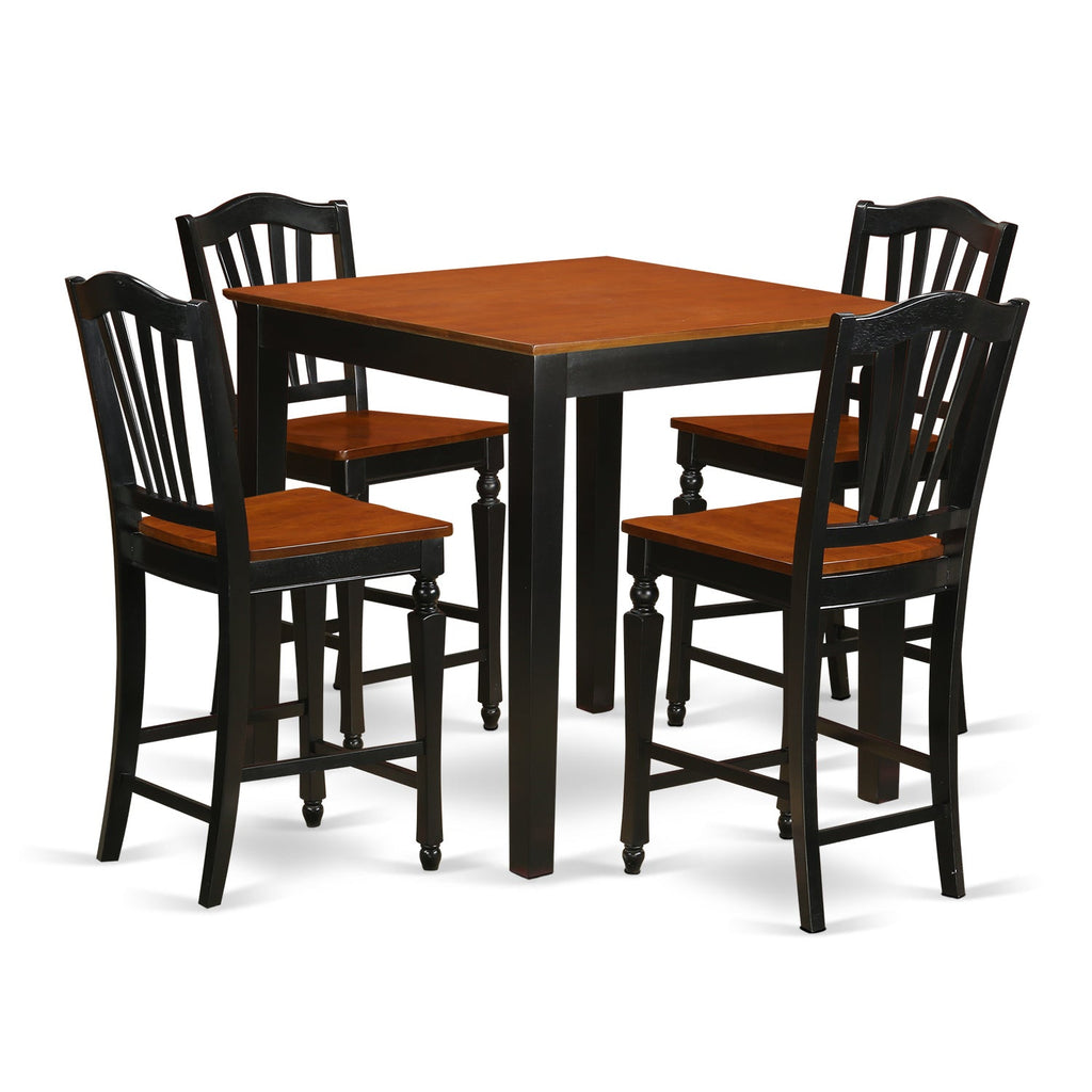 East West Furniture PBCH5-BLK-W 5 Piece Kitchen Counter Height Dining Table Set Includes a Square Dining Room Table and 4 Wooden Seat Chairs, 36x36 Inch, Black & Cherry