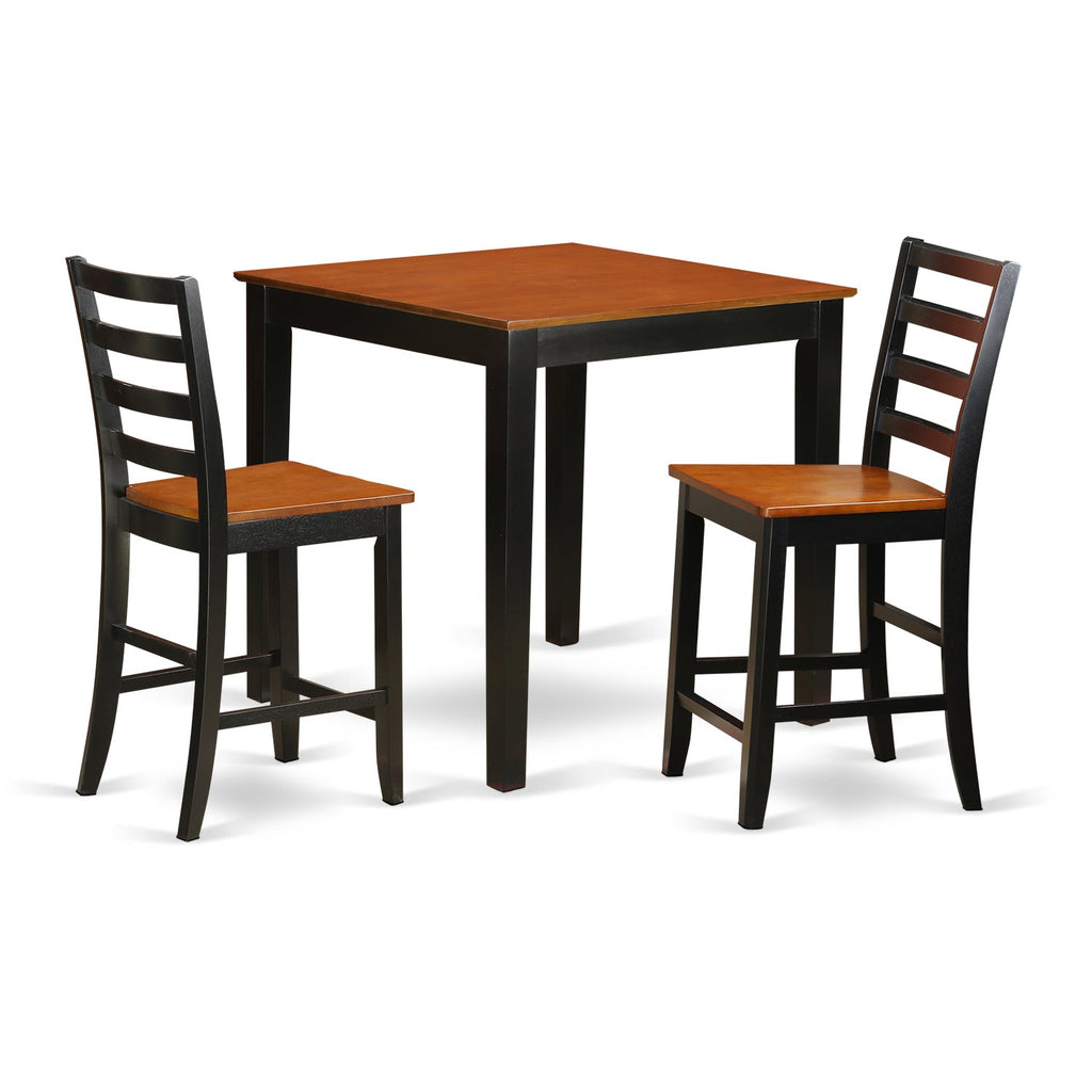 East West Furniture PBFA3-BLK-W 3 Piece Counter Height Dining Set for Small Spaces Contains a Square Dining Room Table and 2 Wooden Seat Chairs, 36x36 Inch, Black & Cherry