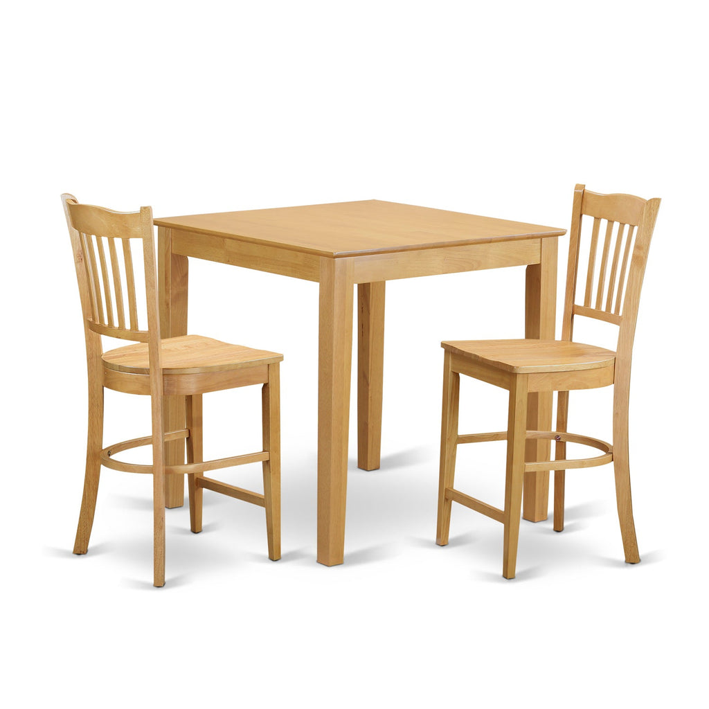East West Furniture PBGR3-OAK-W 3 Piece Counter Height Dining Set for Small Spaces Contains a Square Wooden Table and 2 Kitchen Chairs, 36x36 Inch, Oak