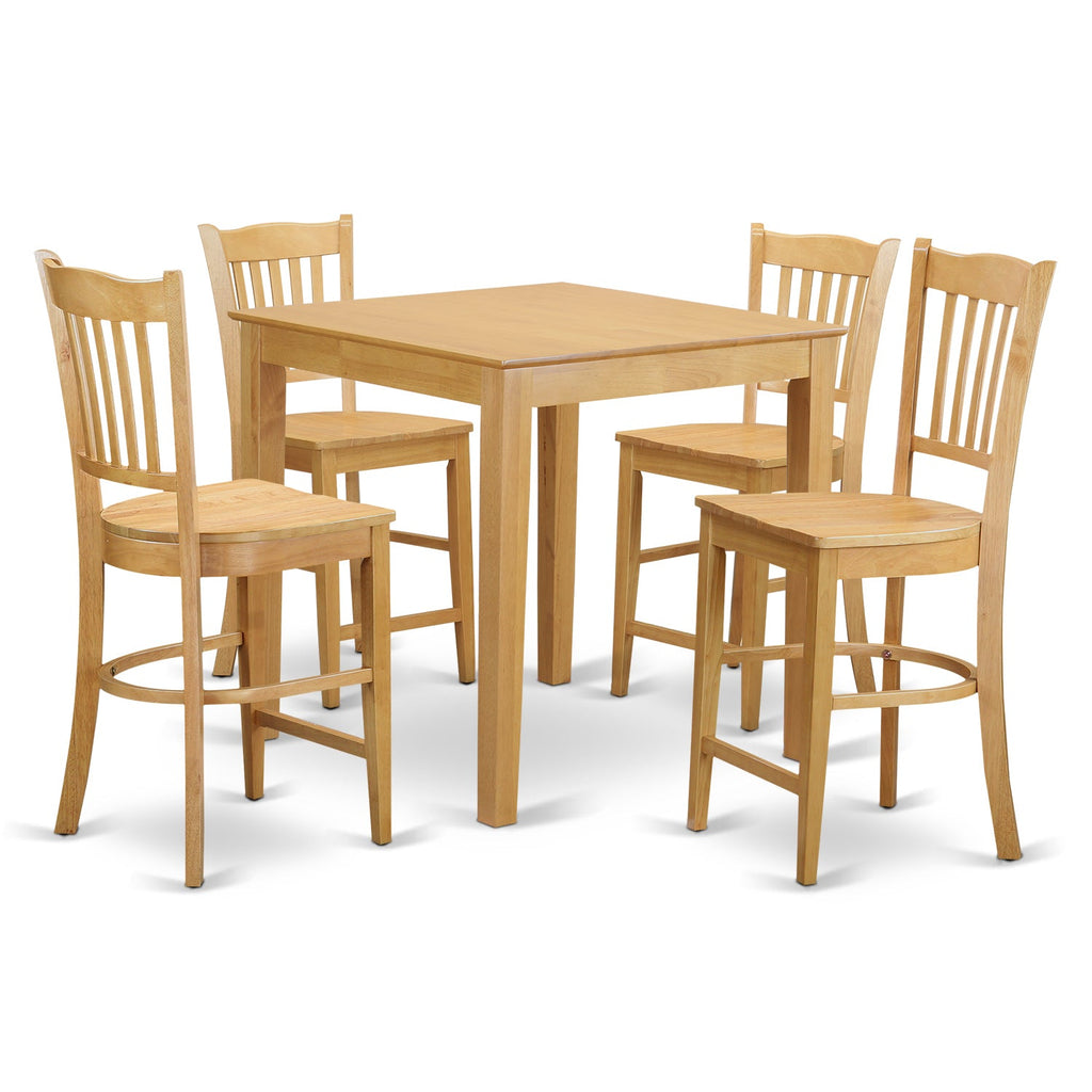 East West Furniture PBGR5-OAK-W 5 Piece Counter Height Dining Table Set Includes a Square Kitchen Table and 4 Dining Chairs, 36x36 Inch, Oak