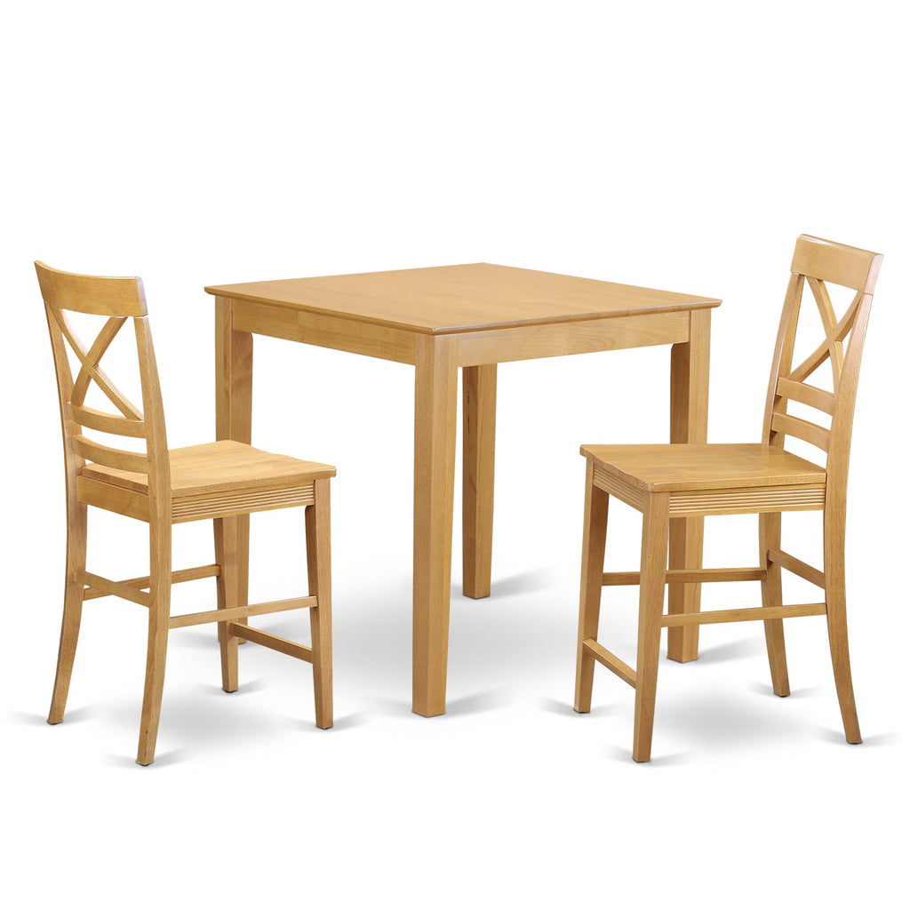 East West Furniture PBQU3-OAK-W 3 Piece Kitchen Counter Set for Small Spaces Contains a Square Dining Room Table and 2 Dining Chairs, 36x36 Inch, Oak