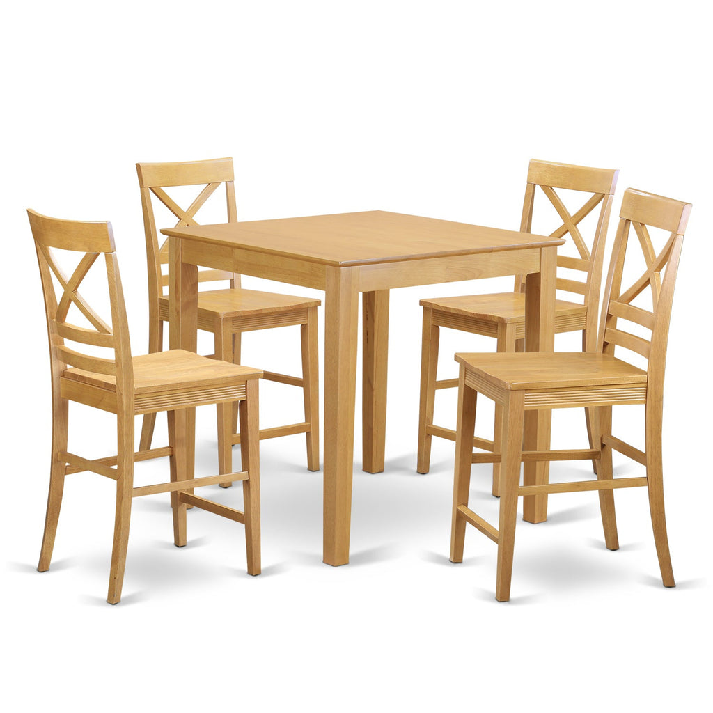 East West Furniture PBQU5-OAK-W 5 Piece Counter Height Dining Set Includes a Square Kitchen Table and 4 Dining Room Chairs, 36x36 Inch, Oak