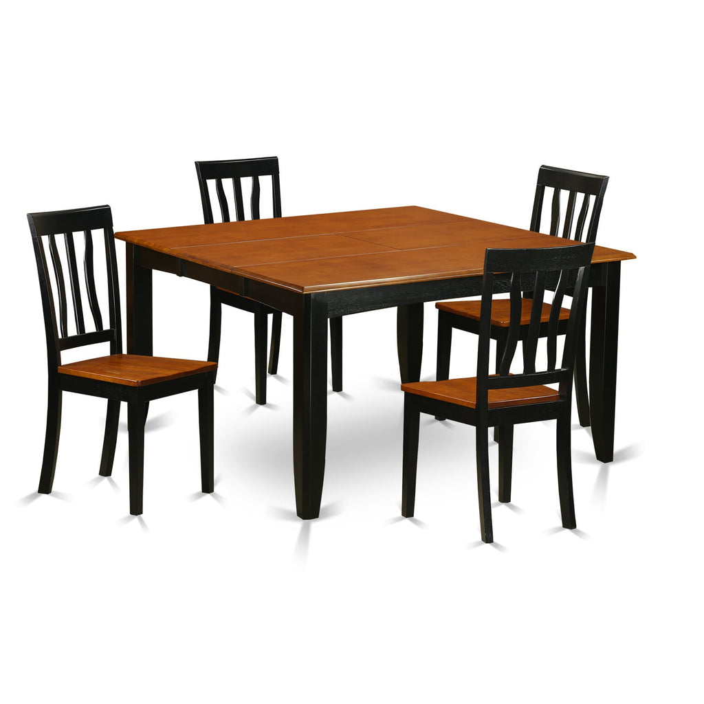 East West Furniture PFAN5-BCH-W 5 Piece Modern Dining Table Set Includes a Square Wooden Table with Butterfly Leaf and 4 Dining Room Chairs, 54x54 Inch, Black & Cherry