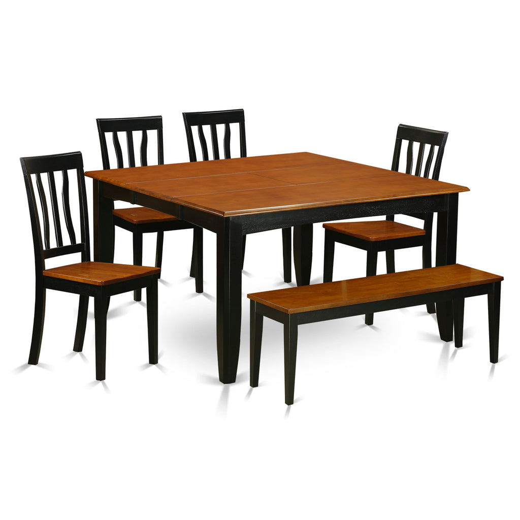 East West Furniture PFAN6-BCH-W 6 Piece Modern Dining Table Set Contains a Square Wooden Table with Butterfly Leaf and 4 Dining Room Chairs with a Bench, 54x54 Inch, Black & Cherry