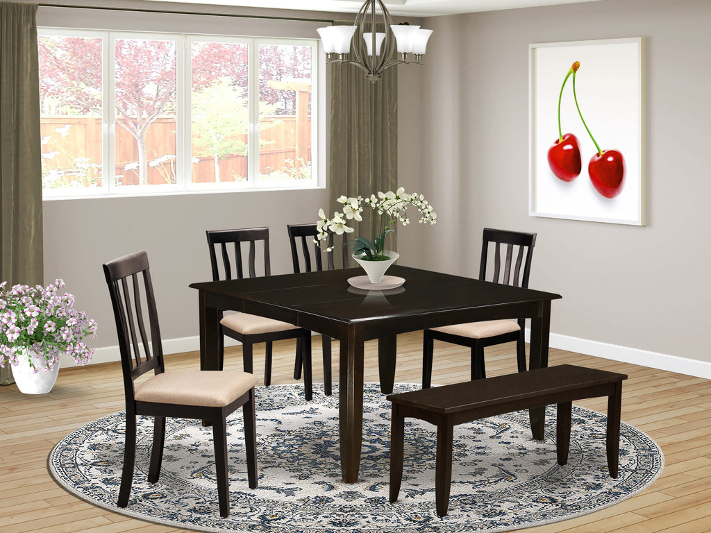 East West Furniture PFAN6-CAP-C 6 Piece Dining Set Contains a Square Dining Room Table with Butterfly Leaf and 4 Linen Fabric Kitchen Chairs with a Bench, 54x54 Inch, Cappuccino