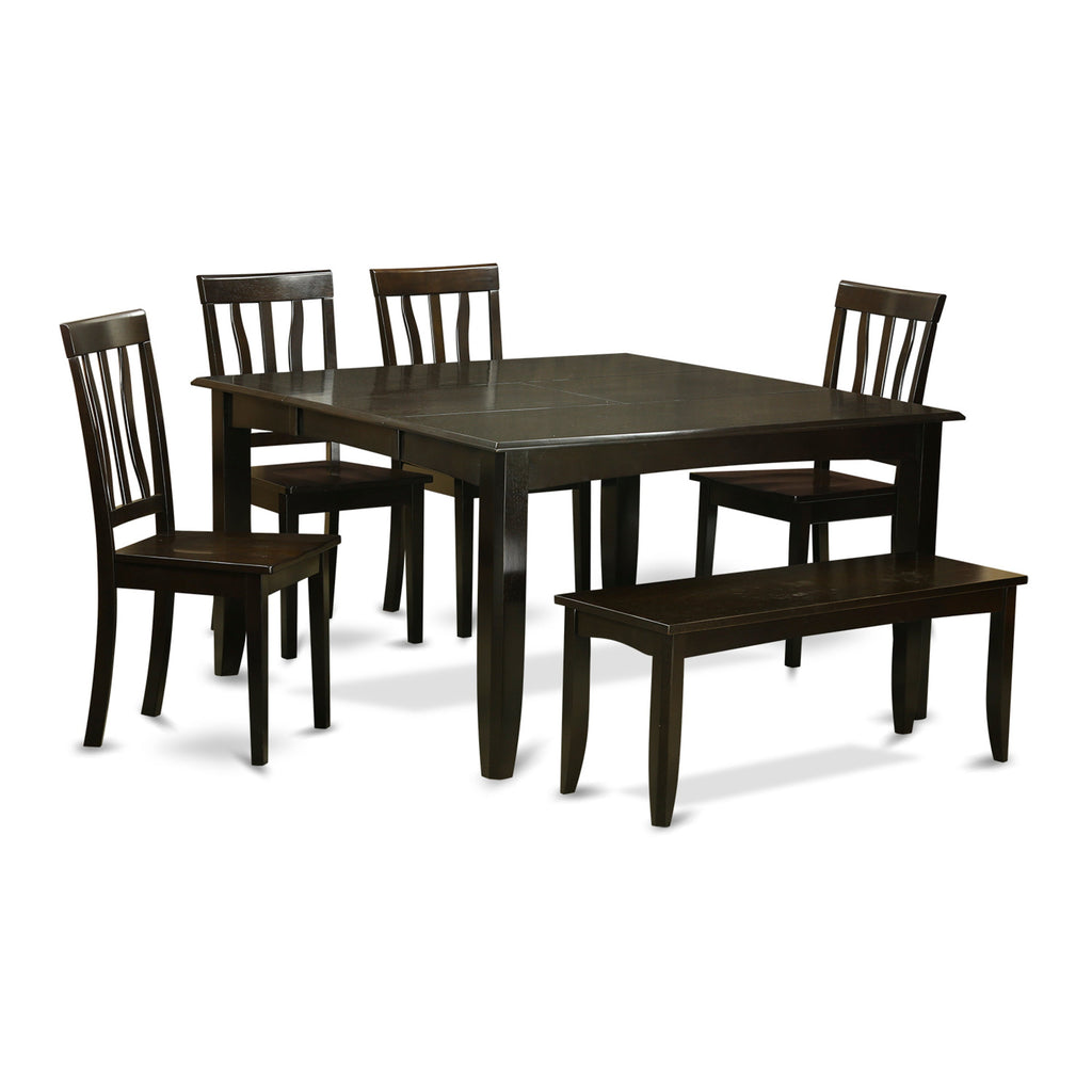 East West Furniture PFAN6-CAP-W 6 Piece Dining Set Contains a Square Dining Room Table with Butterfly Leaf and 4 Kitchen Chairs with a Bench, 54x54 Inch, Cappuccino