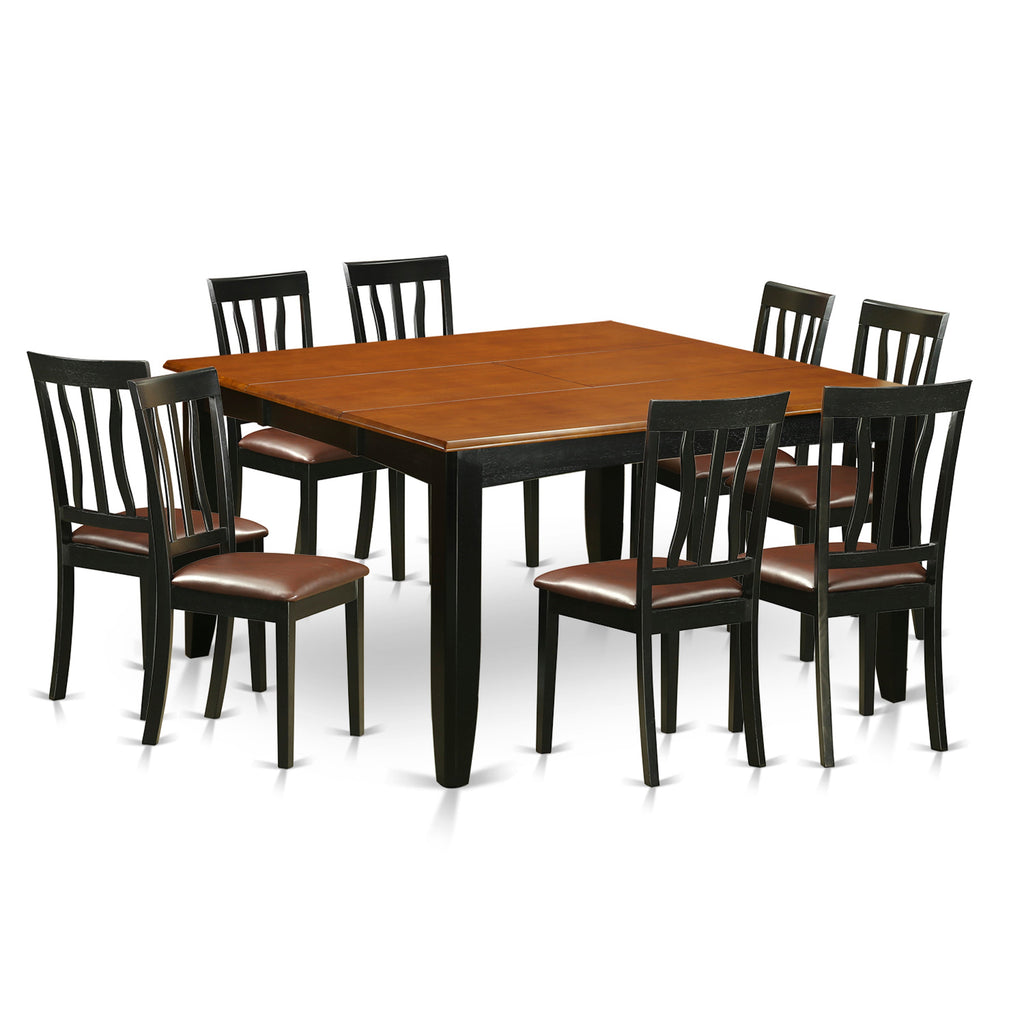 East West Furniture PFAN9-BCH-LC 9 Piece Dining Room Table Set Includes a Square Kitchen Table with Butterfly Leaf and 8 Faux Leather Upholstered Dining Chairs, 54x54 Inch, Black & Cherry