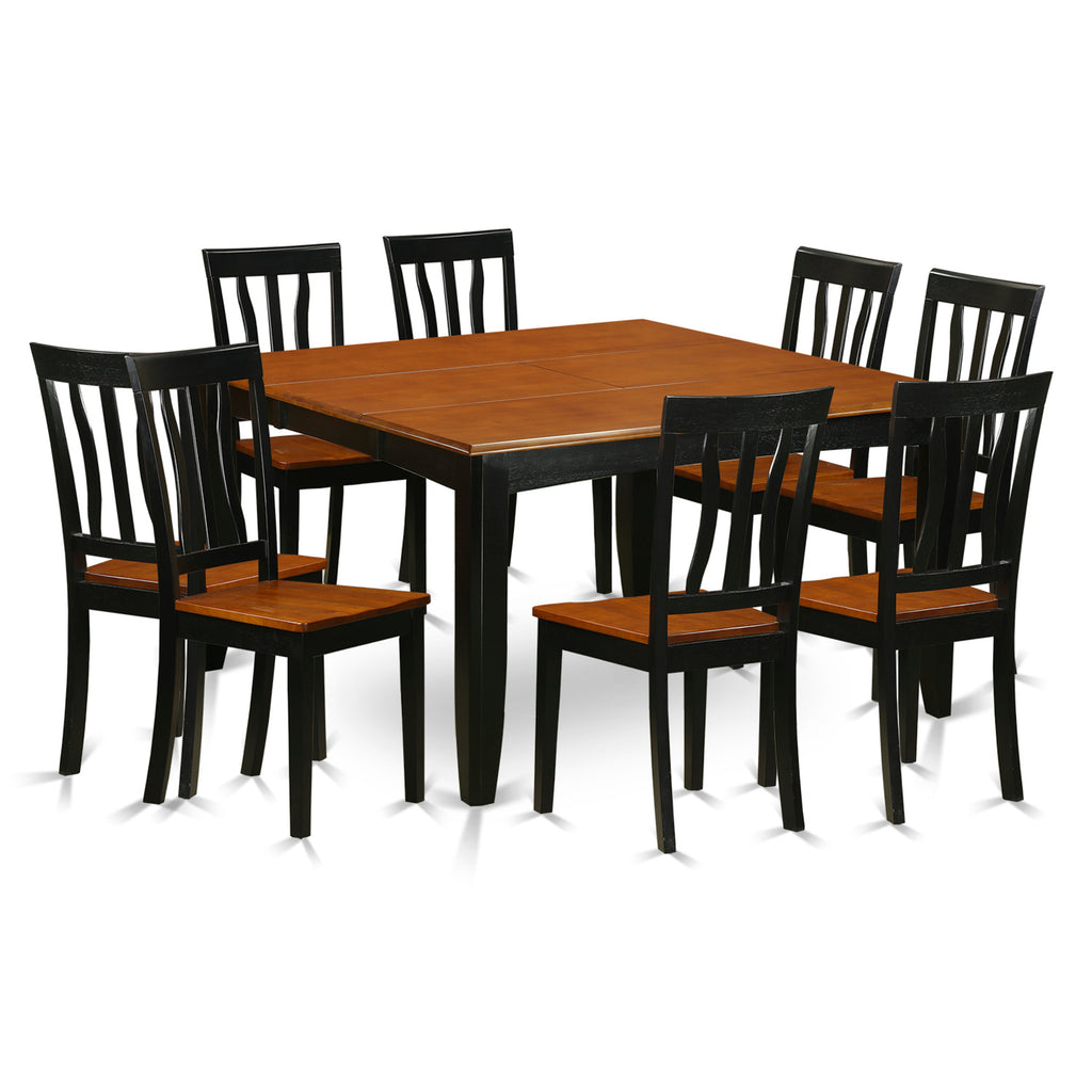 East West Furniture PFAN9-BCH-W 9 Piece Dining Set Includes a Square Dining Table with Butterfly Leaf and 8 Kitchen Chairs, 54x54 Inch, Black & Cherry