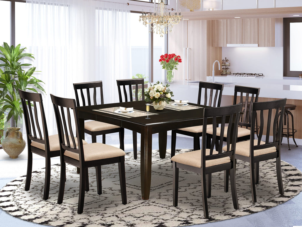 East West Furniture PFAN9-CAP-C 9 Piece Modern Dining Table Set Includes a Square Wooden Table with Butterfly Leaf and 8 Linen Fabric Dining Room Chairs, 54x54 Inch, Cappuccino