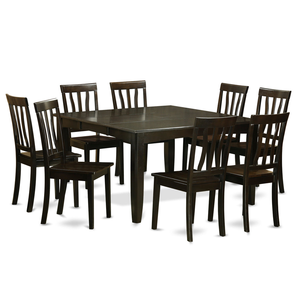 East West Furniture PFAN9-CAP-W 9 Piece Dining Room Table Set Includes a Square Kitchen Table with Butterfly Leaf and 8 Dining Chairs, 54x54 Inch, Cappuccino