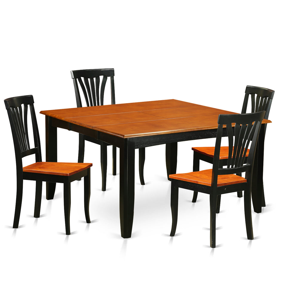 East West Furniture PFAV5-BCH-W 5 Piece Dining Set Includes a Square Dining Room Table with Butterfly Leaf and 4 Wood Seat Chairs, 54x54 Inch, Black & Cherry