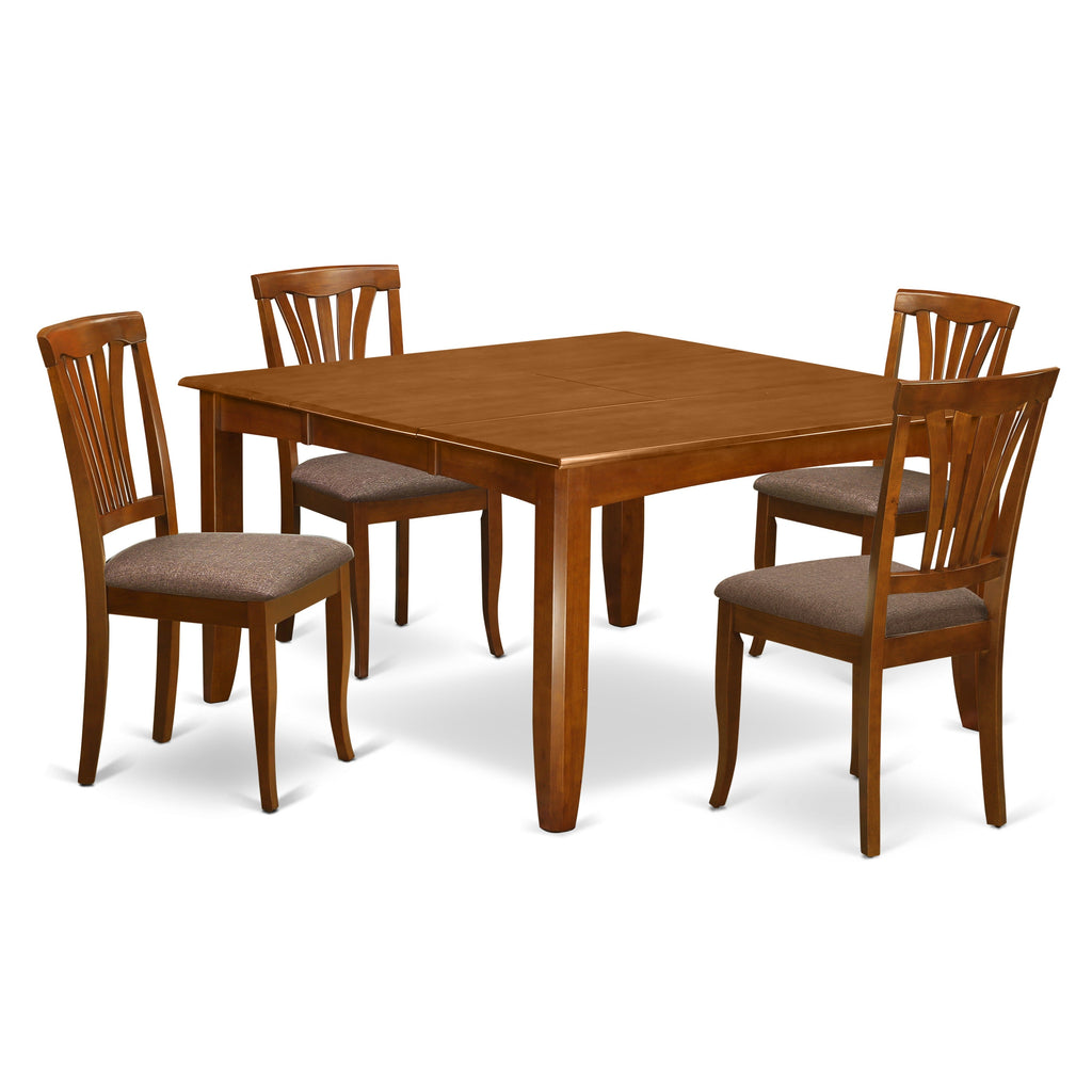 East West Furniture PFAV5-SBR-C 5 Piece Dining Table Set for 4 Includes a Square Kitchen Table with Butterfly Leaf and 4 Linen Fabric Kitchen Dining Chairs, 54x54 Inch, Saddle Brown