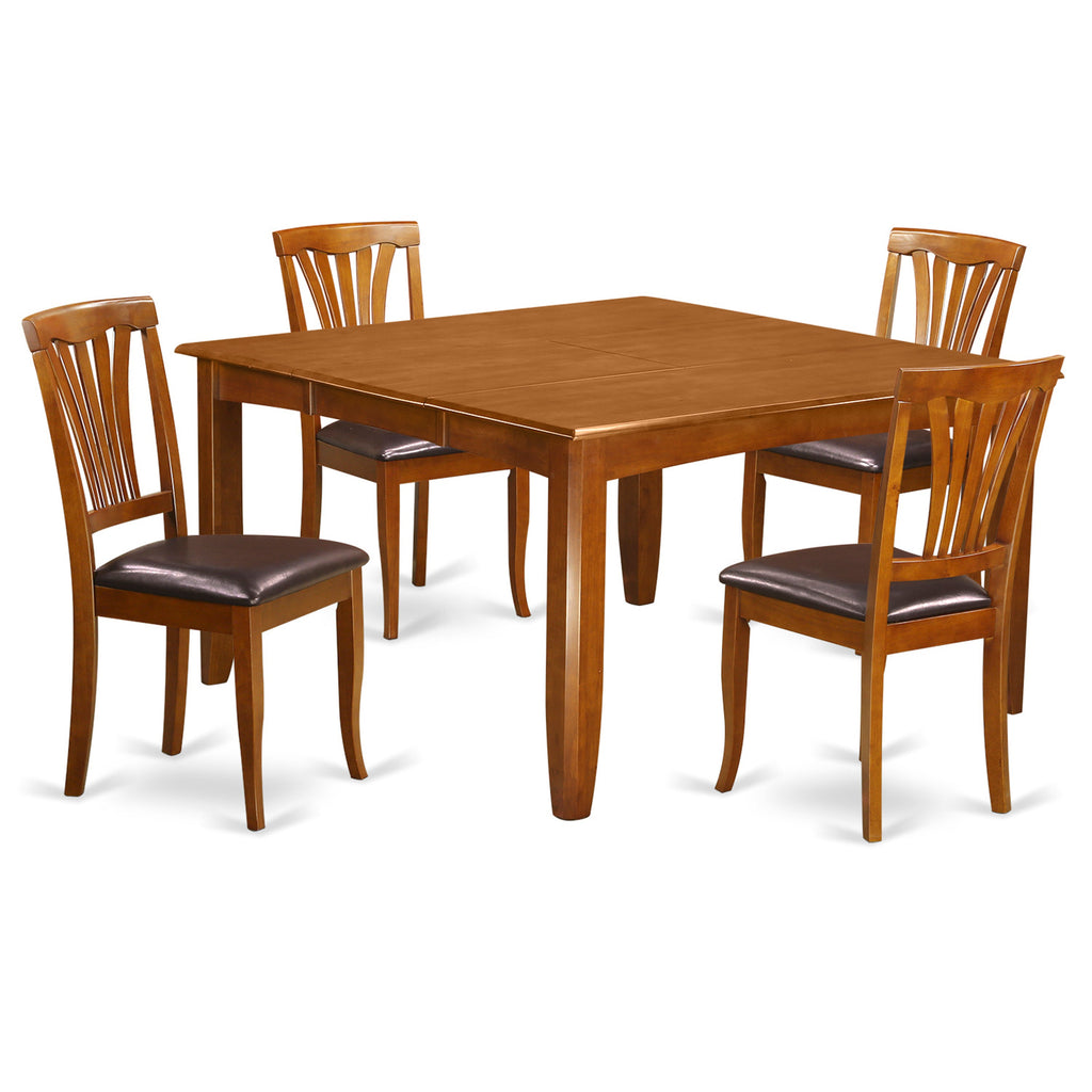 East West Furniture PFAV5-SBR-LC 5 Piece Dining Room Furniture Set Includes a Square Wooden Table with Butterfly Leaf and 4 Faux Leather Kitchen Dining Chairs, 54x54 Inch, Saddle Brown