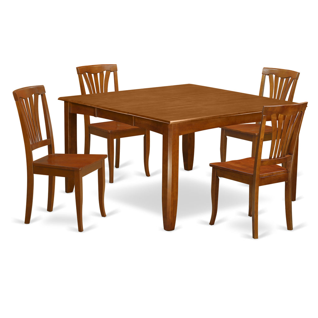 East West Furniture PFAV5-SBR-W 5 Piece Kitchen Table & Chairs Set Includes a Square Dining Room Table with Butterfly Leaf and 4 Solid Wood Seat Chairs, 54x54 Inch, Saddle Brown