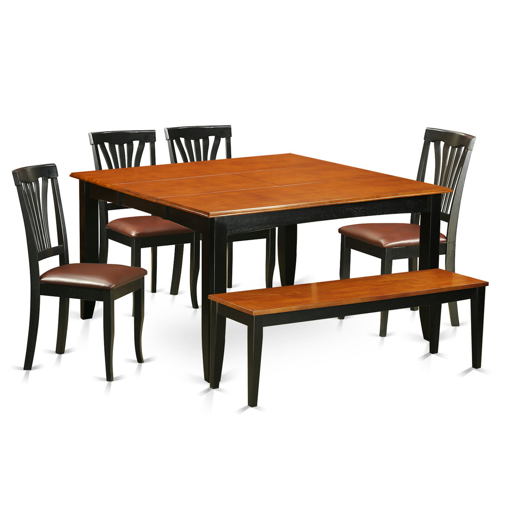 East West Furniture PFAV6-BCH-LC 6 Piece Dining Table Set Contains a Square Dinner Table with Butterfly Leaf and 4 Faux Leather Dining Room Chairs with a Bench, 54x54 Inch, Black & Cherry