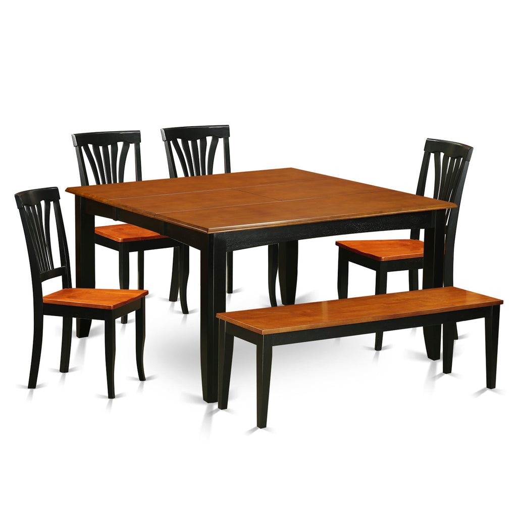 East West Furniture PFAV6-BCH-W 6 Piece Dining Set Contains a Square Dining Table with Butterfly Leaf and 4 Kitchen Chairs with a Bench, 54x54 Inch, Black & Cherry