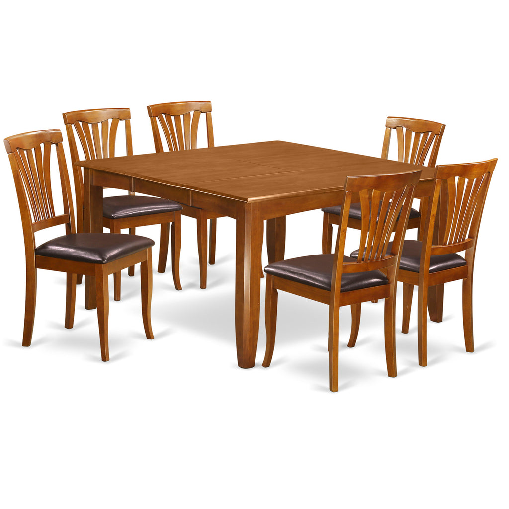East West Furniture PFAV7-SBR-LC 7 Piece Dining Table Set Consist of a Square Dining Room Table with Butterfly Leaf and 6 Faux Leather Upholstered Chairs, 54x54 Inch, Saddle Brown