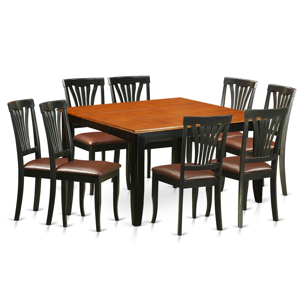 East West Furniture PFAV9-BCH-LC 9 Piece Dining Table Set Includes a Square Dinner Table with Butterfly Leaf and 8 Faux Leather Dining Room Chairs, 54x54 Inch, Black & Cherry