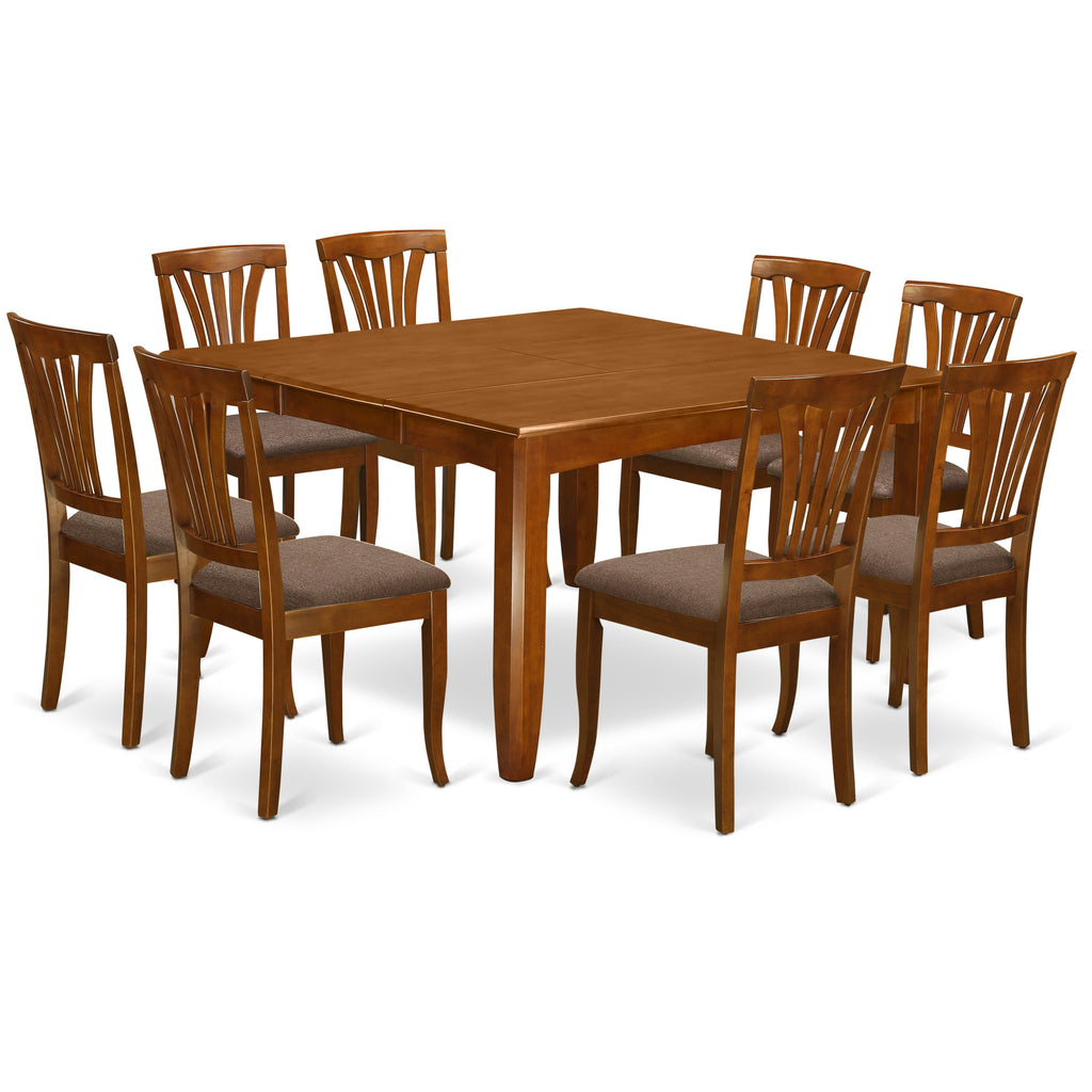 East West Furniture PFAV9-SBR-C 9 Piece Dining Room Table Set Includes a Square Kitchen Table with Butterfly Leaf and 8 Linen Fabric Upholstered Dining Chairs, 54x54 Inch, Saddle Brown